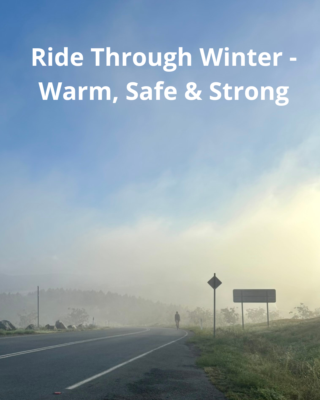 Cyclist riding through early morning mist in Canberra during winter, wearing cold-weather gear to stay warm and visible