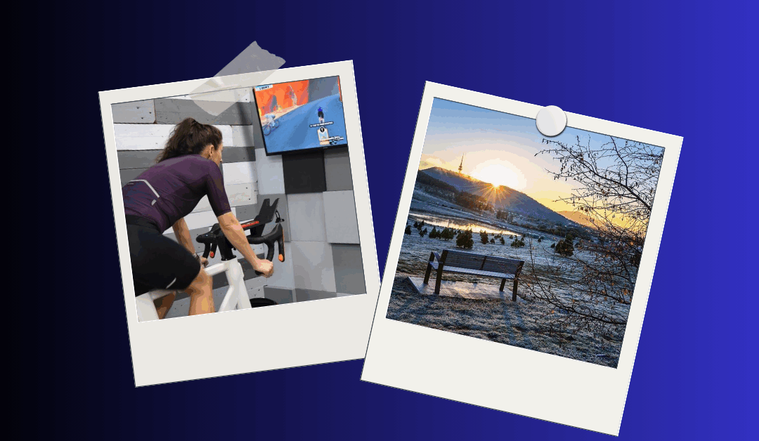 Split image showing winter cycling outdoors in Canberra with frosty grass and indoor cycling on a smart trainer. Represents the winter training dilemma: indoor or outdoor?