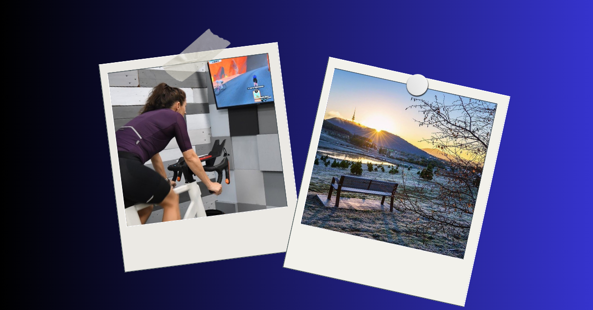 Split image showing winter cycling outdoors in Canberra with frosty grass and indoor cycling on a smart trainer. Represents the winter training dilemma: indoor or outdoor?