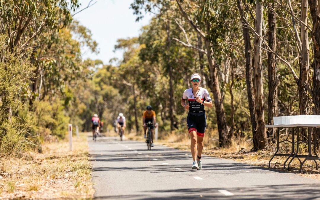 Triathlete running through a hot Australian bushland course with cyclists behind them on a summer race day.