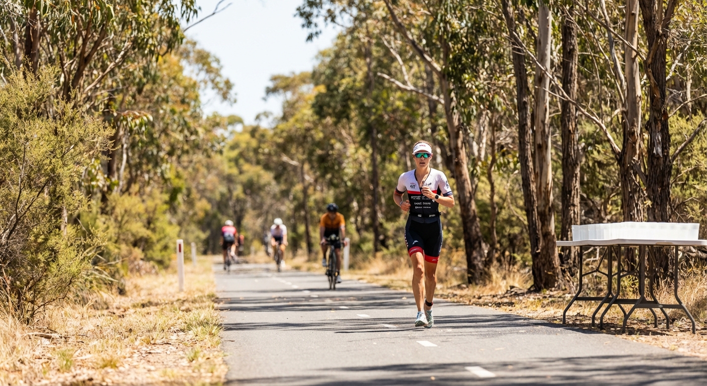 Triathlete running through a hot Australian bushland course with cyclists behind them on a summer race day.