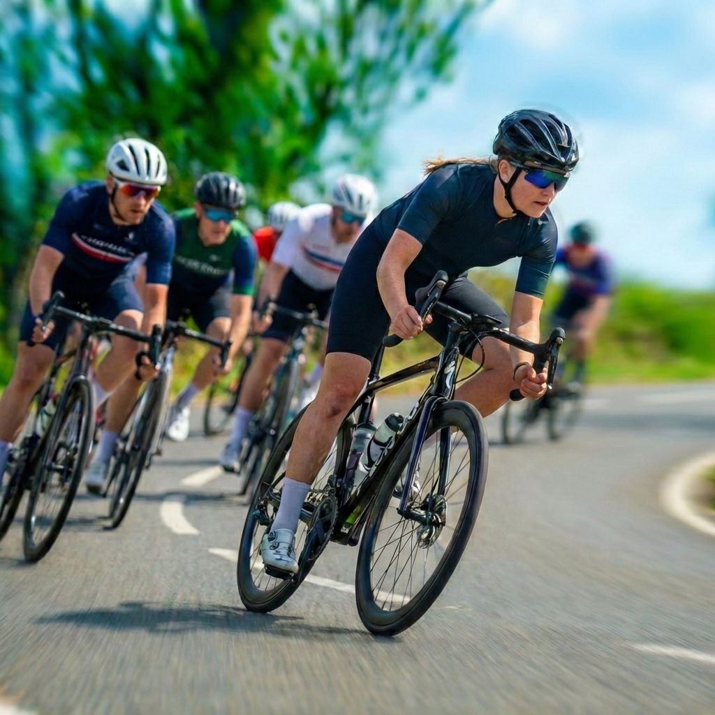 Coach guiding riders to overcome a beginner mindset in cycling on a safe road.