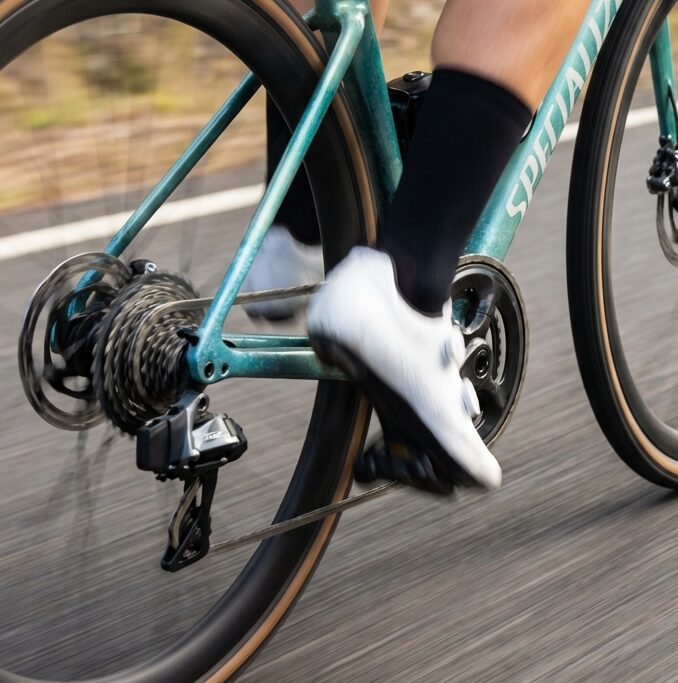 Close-up of a cyclist pedalling a road bike showing smooth cycling cadence