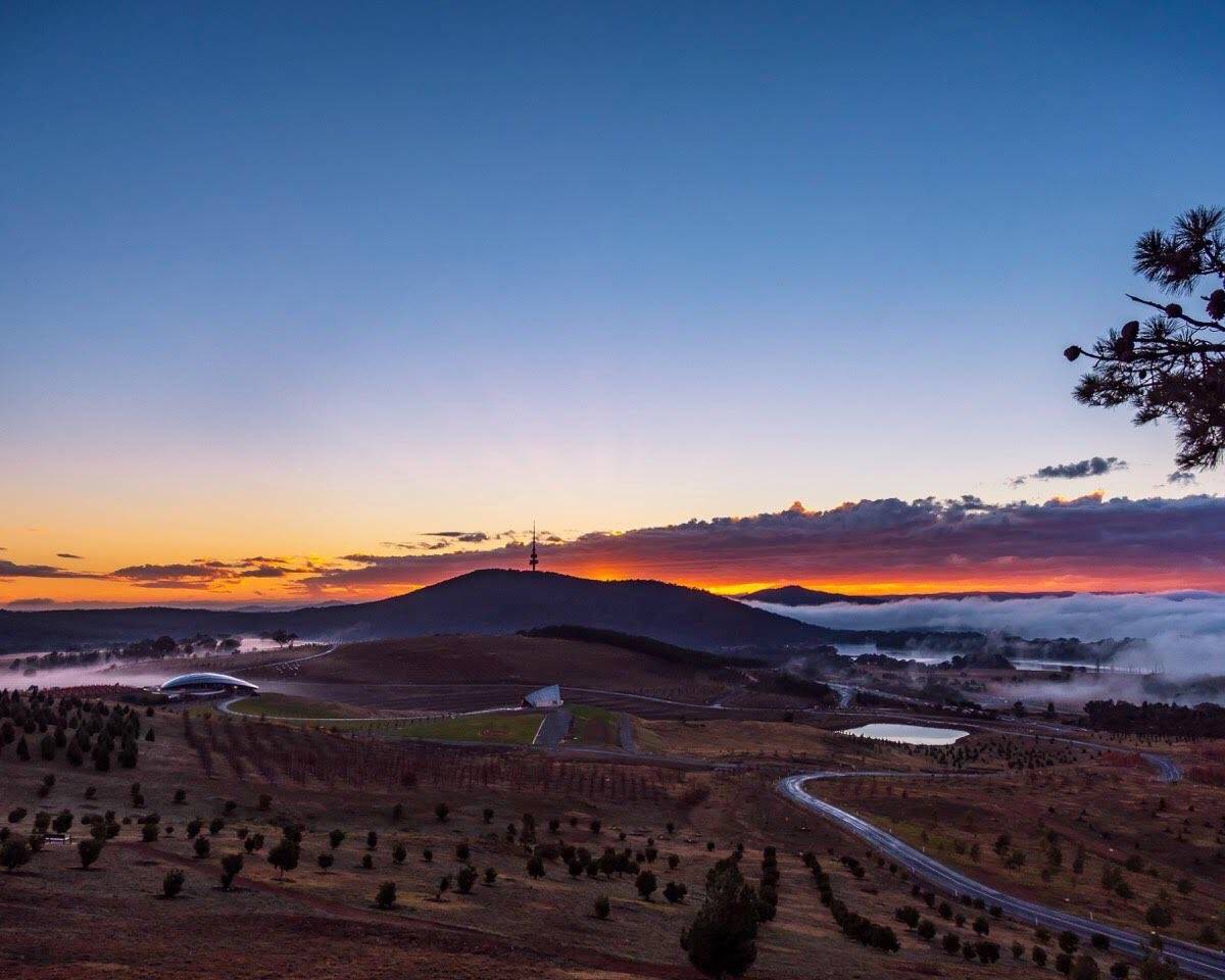 Canberra winter sunrise over Lake Burley Griffin and Black Mountain