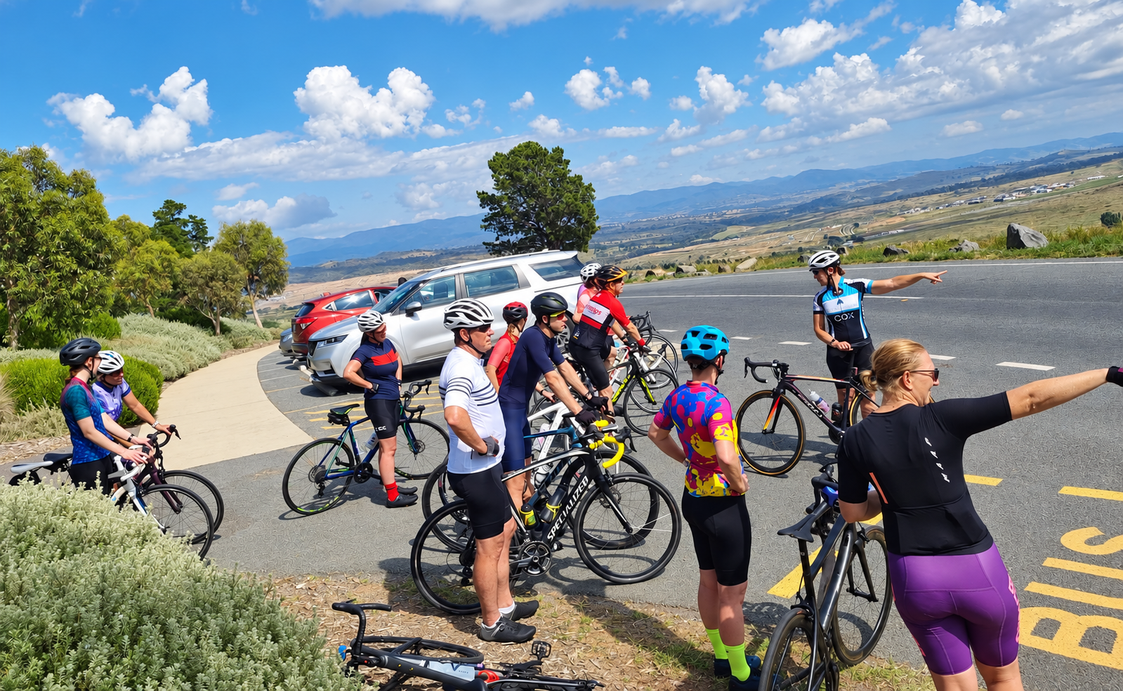 Cheryl Hulskamp coaching a group of adult cyclists during a cycling skills session in Canberra